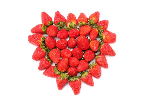 Group of Strawberries shaped like a heart on a white background, slight shadows.