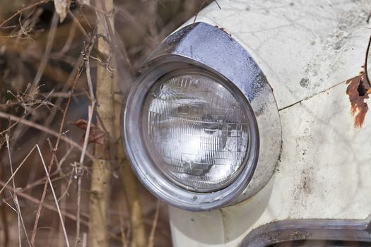 An old abandoned car sits in a field as it rusts away