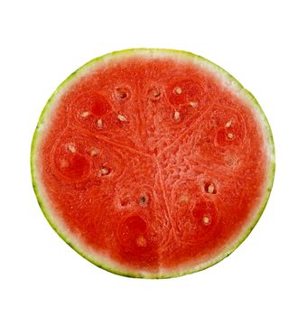 Closeup of a fresh cut watermelon half isolated on white.