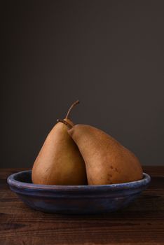 Two Bosc pears on a blue plate on wood table. Vertical format on gray background with copy space,
