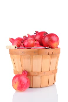 Pomegranates in a bushel basket. Vertical format on a white background with reflection.