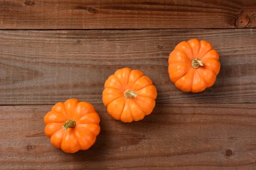 Three mini pumpkins on a dark wood background. Arranged at an angle leaving copy space at the top and bottom.