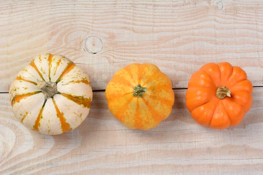 Overhead shot of  decorative pumpkins and gourds on a rustic whitewashed wooden table. Horizontal format.