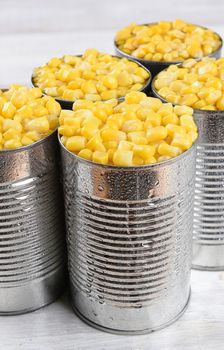 Closeup shot of cans of Corn.
