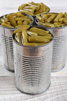 Closeup shot of cans of Green Beans.