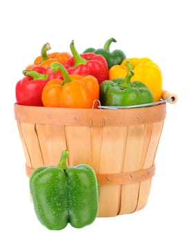 A basket full of fresh picked bell peppers. Vertical format over a white background with reflection.