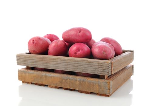 Red Potatoes in a wooden shipping crate. Horizontal format over a white background with reflection.