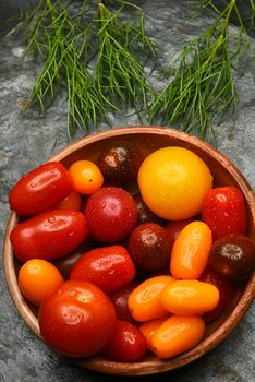 Top view of a bowl of fresh picked Medley Tomatoes on a slate surface. Vertical Format.