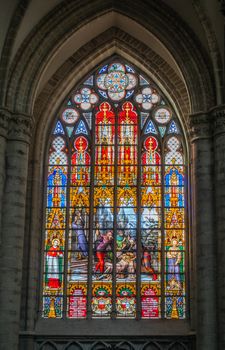 Brussels, Belgium - September 26, 2018: Stained Glass Window of Cathedral of Saint Michael and Saint Gudula.