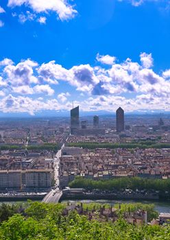 An aerial view of Lyon, France on a sunny day from Fourviere Hill.