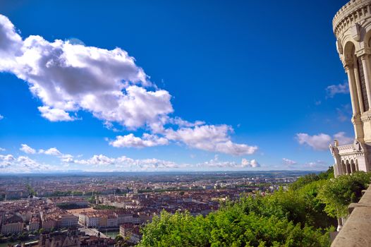 An aerial view of Lyon, France on a sunny day from Fourviere Hill.