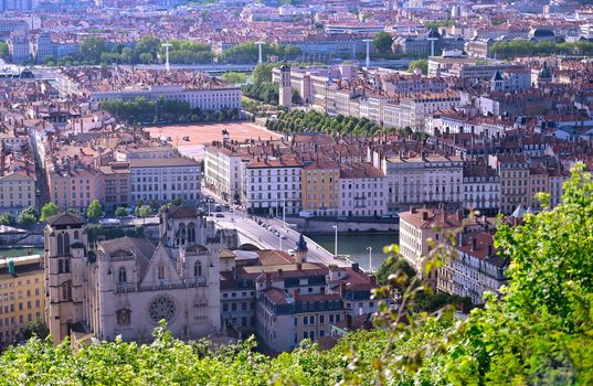 An aerial view of Lyon, France on a sunny day from Fourviere Hill.