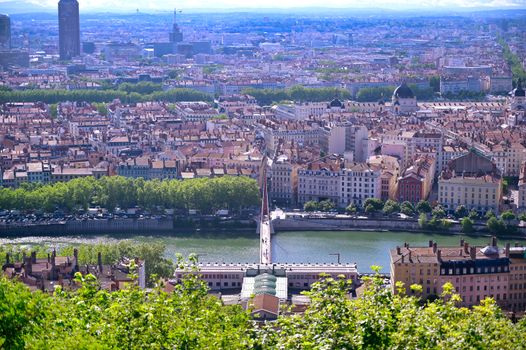 An aerial view of Lyon, France on a sunny day from Fourviere Hill.