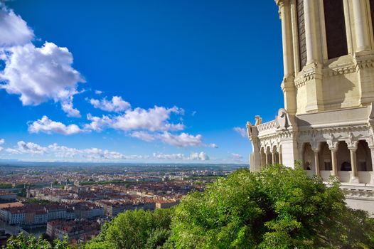 An aerial view of Lyon, France on a sunny day from Fourviere Hill.