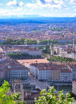 An aerial view of Lyon, France on a sunny day from Fourviere Hill.