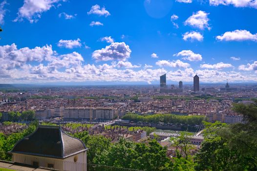 An aerial view of Lyon, France on a sunny day from Fourviere Hill.