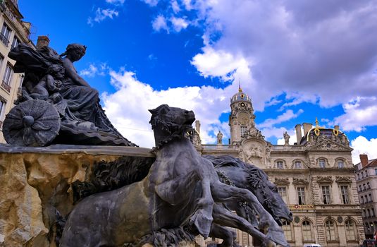 The Fontaine Bartholdi located outside of the Hotel de Ville, the city hall of Lyon, France, at the Place des Terreaux.