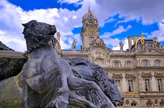 The Fontaine Bartholdi located outside of the Hotel de Ville, the city hall of Lyon, France, at the Place des Terreaux.