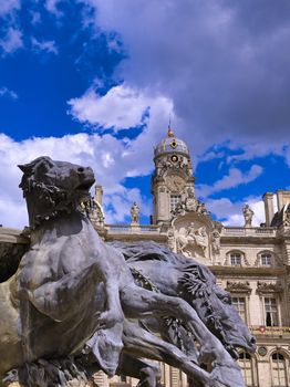 The Fontaine Bartholdi located outside of the Hotel de Ville, the city hall of Lyon, France, at the Place des Terreaux.