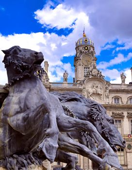 The Fontaine Bartholdi located outside of the Hotel de Ville, the city hall of Lyon, France, at the Place des Terreaux.