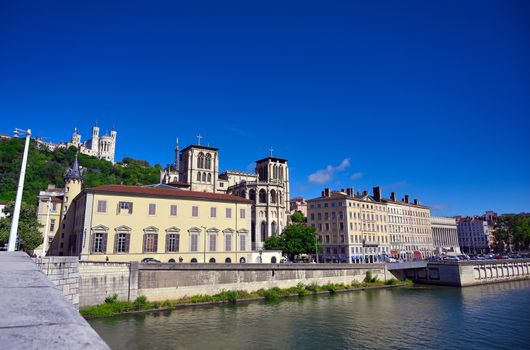 The Basilica of Notre Dame de Fourviere overlooking Lyon, France and the Saone River.