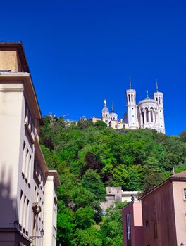 The Basilica of Notre Dame de Fourviere overlooking Lyon, France and the Saone River.