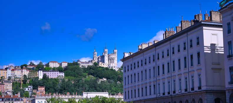 The Basilica of Notre Dame de Fourviere overlooking Lyon, France and the Saone River.