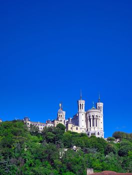 The Basilica of Notre Dame de Fourviere overlooking Lyon, France and the Saone River.