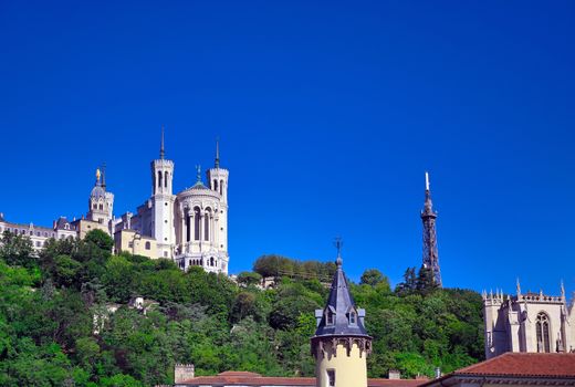 The Basilica of Notre Dame de Fourviere overlooking Lyon, France and the Saone River.