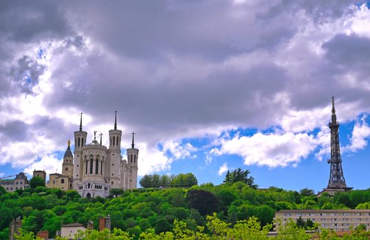 The Basilica of Notre Dame de Fourviere overlooking Lyon, France and the Saone River.