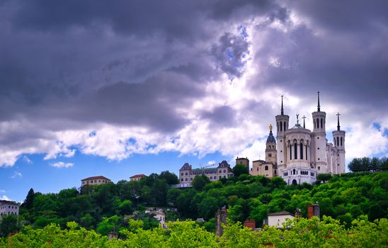 The Basilica of Notre Dame de Fourviere overlooking Lyon, France and the Saone River.