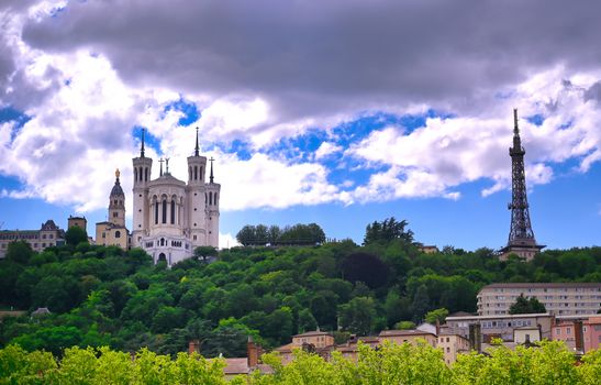 The Basilica of Notre Dame de Fourviere overlooking Lyon, France and the Saone River.