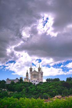 The Basilica of Notre Dame de Fourviere overlooking Lyon, France and the Saone River.