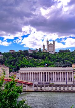 The Basilica of Notre Dame de Fourviere overlooking Lyon, France and the Saone River.