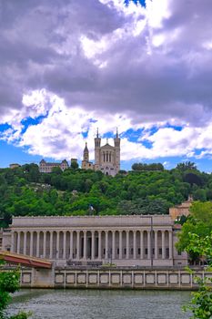 The Basilica of Notre Dame de Fourviere overlooking Lyon, France and the Saone River.