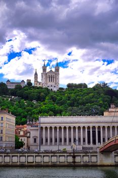 The Basilica of Notre Dame de Fourviere overlooking Lyon, France and the Saone River.