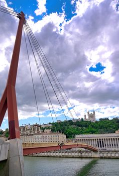 The Basilica of Notre Dame de Fourviere overlooking Lyon, France and the Saone River.