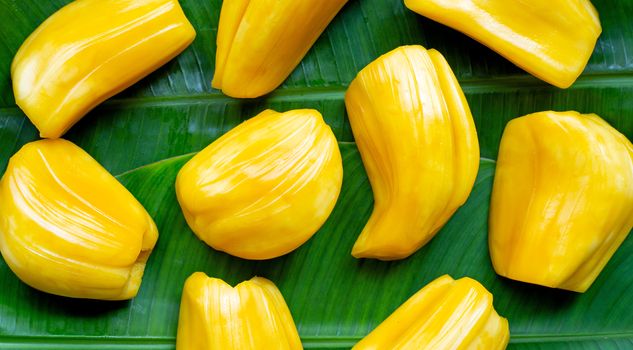 Ripe jackfruit on banana leaf. Top view
