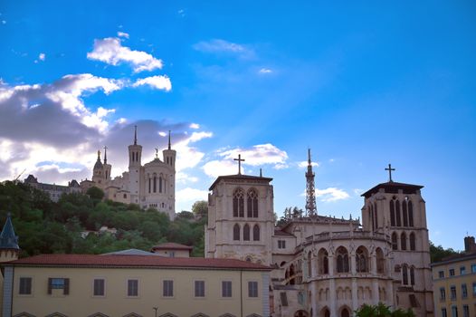 The Basilica of Notre Dame de Fourviere overlooking Lyon, France and the Saone River.