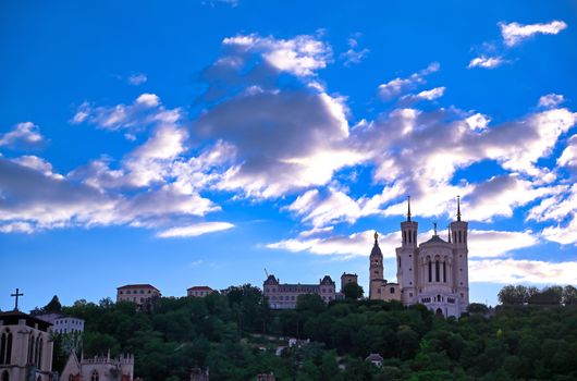 The Basilica of Notre Dame de Fourviere overlooking Lyon, France and the Saone River.