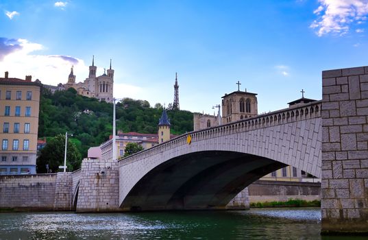 The Basilica of Notre Dame de Fourviere overlooking Lyon, France and the Saone River.