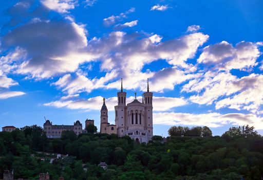 The Basilica of Notre Dame de Fourviere overlooking Lyon, France and the Saone River.