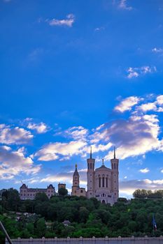 The Basilica of Notre Dame de Fourviere overlooking Lyon, France and the Saone River.