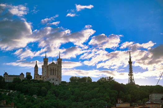 The Basilica of Notre Dame de Fourviere overlooking Lyon, France and the Saone River.