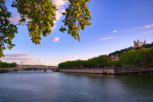 The Basilica of Notre Dame de Fourviere overlooking Lyon, France and the Saone River.