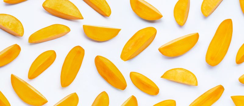 Tropical fruit, Mango slices on white background.