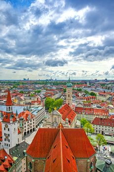 An aerial view of Munich, Bavaria, Germany on a cloudy day.