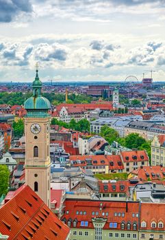 An aerial view of Munich, Bavaria, Germany on a cloudy day.