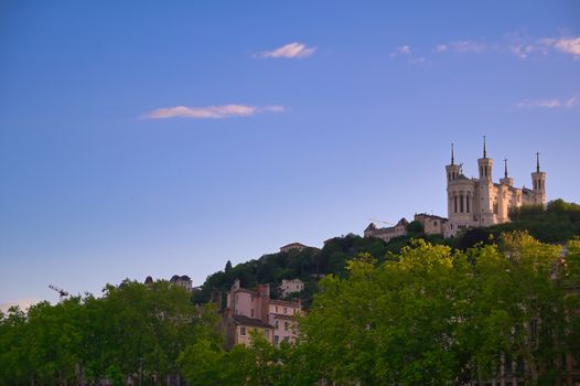 The Basilica of Notre Dame de Fourviere overlooking Lyon, France and the Saone River.