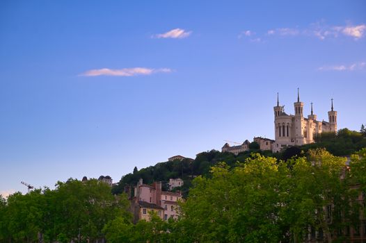 The Basilica of Notre Dame de Fourviere overlooking Lyon, France and the Saone River.